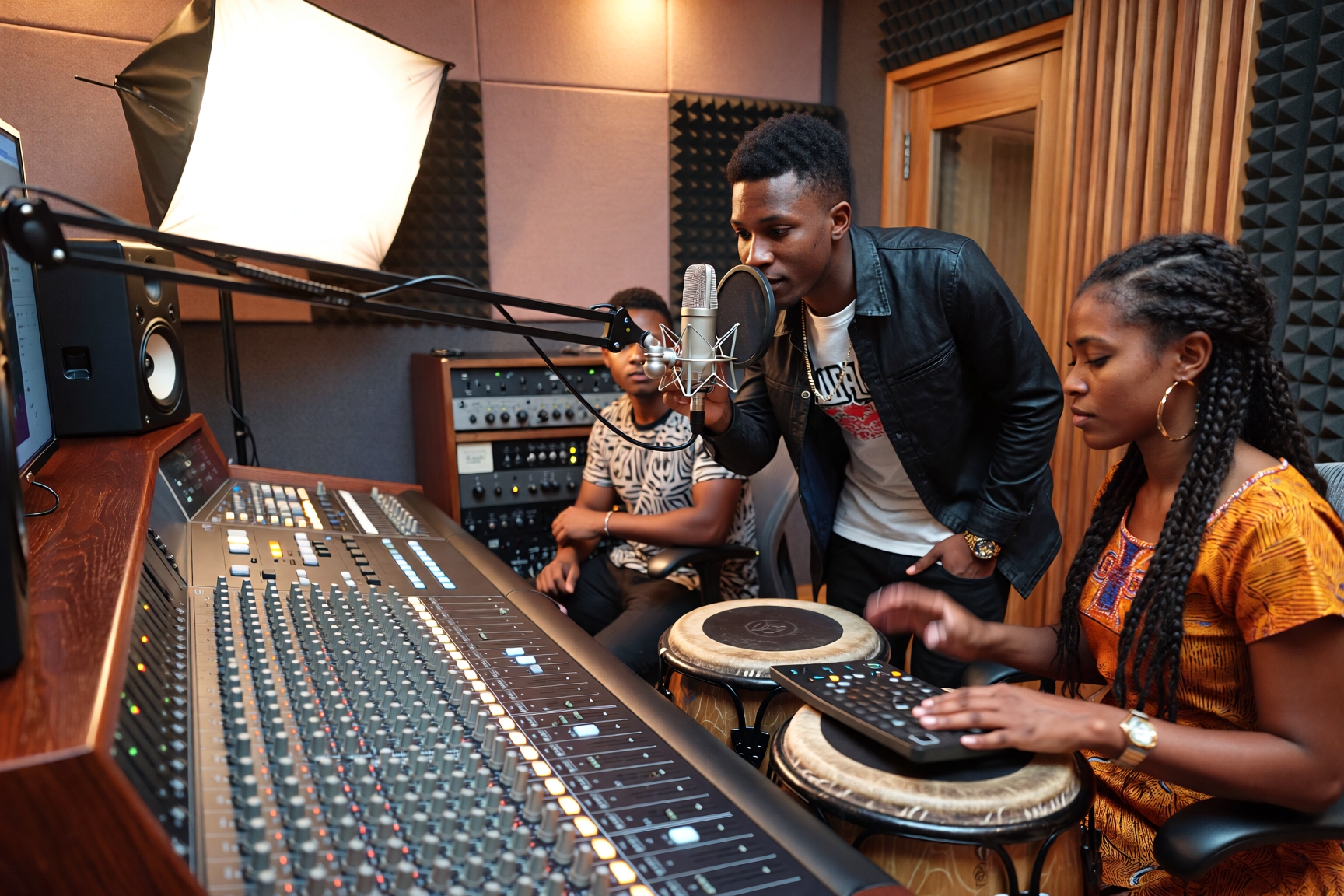 Nigerian artists recording music in a studio with professional equipment, showcasing what Nigerian music sounds like and how Afrobeats is produced
