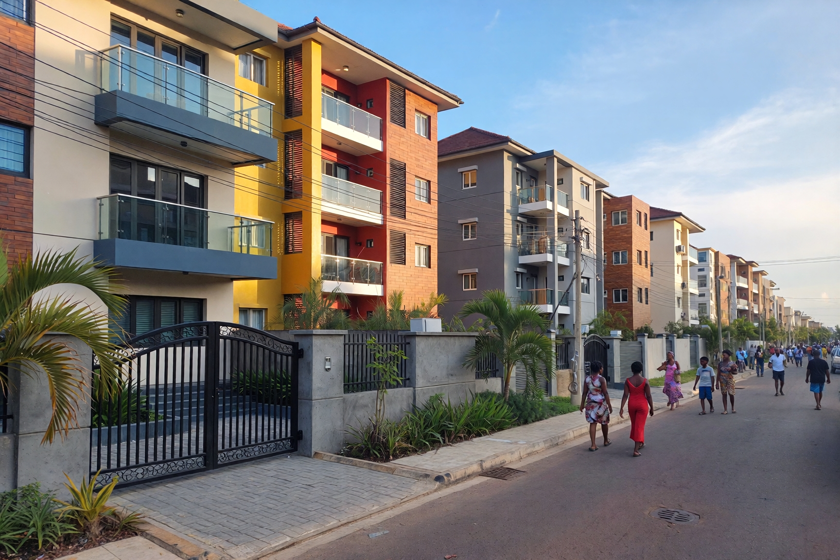 Colorful apartment buildings along a busy Nigerian street, illustrating urban living in Nigeria and what kind of houses Nigerians live in in major cities