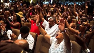 A congregation praying