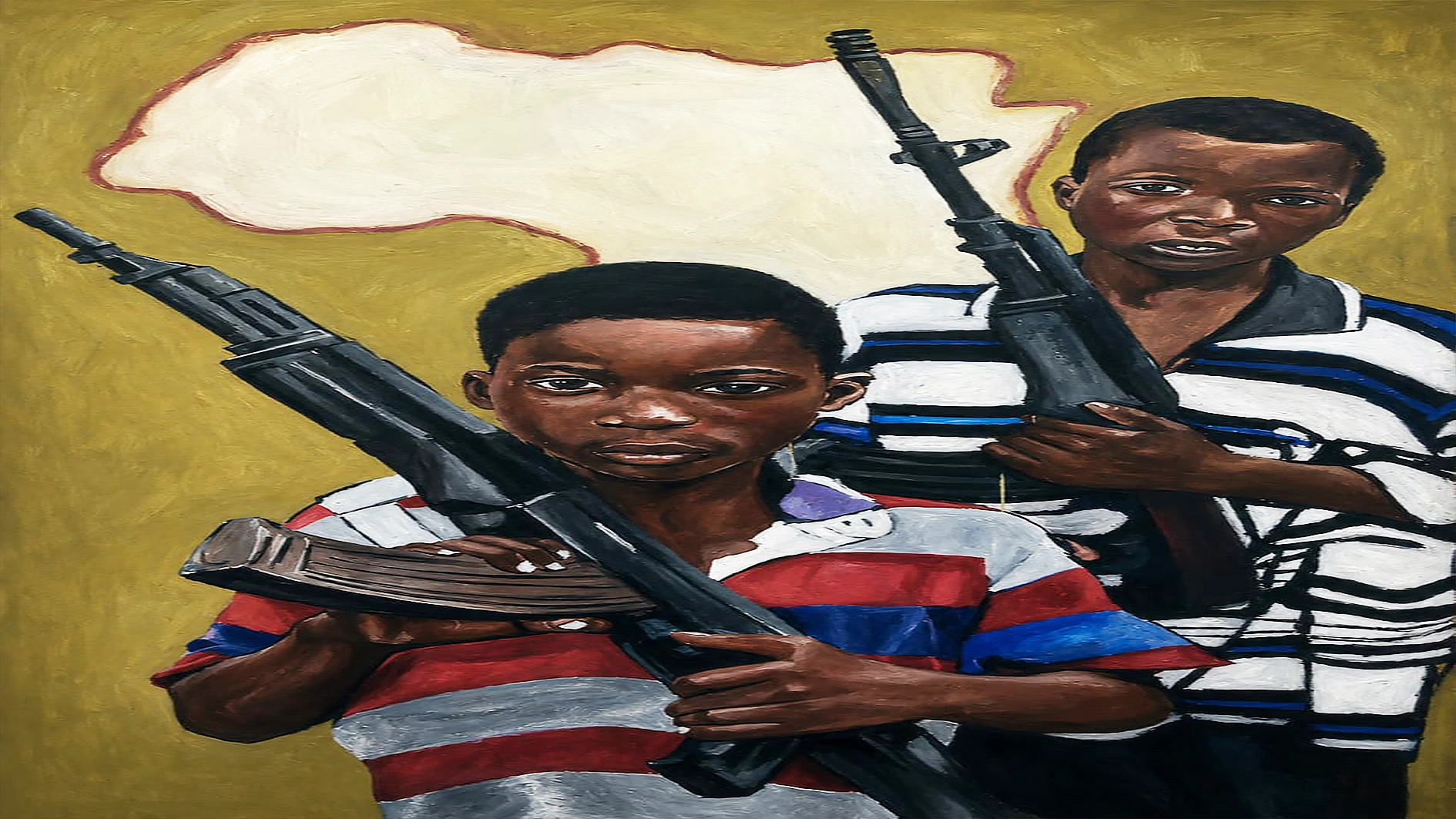 A poignant social-realism oil painting depicting two young African boys holding large assault rifles