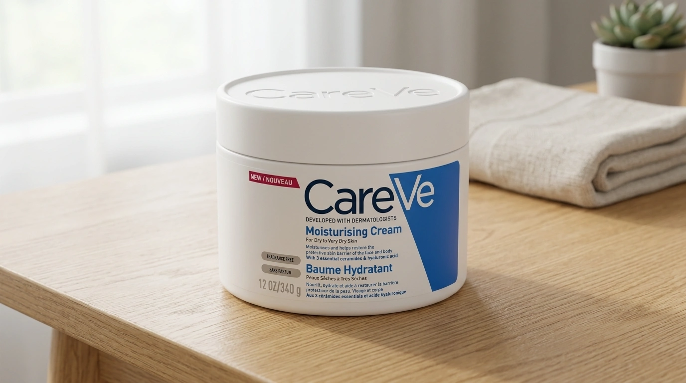 Moisturising cream jar on a wooden table with the brand name misspelt as “CareVe” instead of “CeraVe,” highlighting a common sign of counterfeit skincare packaging.