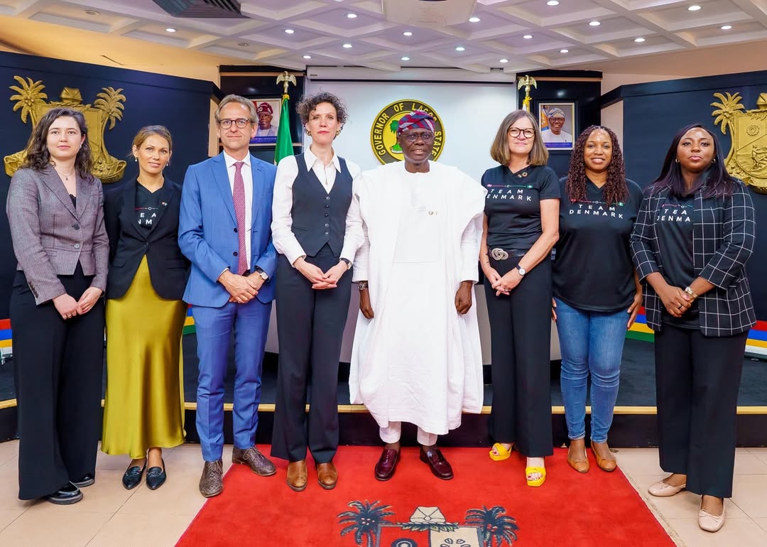 Lagos State Governor Babajide Sanwo Olu poses with Danish Consul General Jette Bjerrum and members of the Denmark delegation during a visit to Lagos House Ikeja.