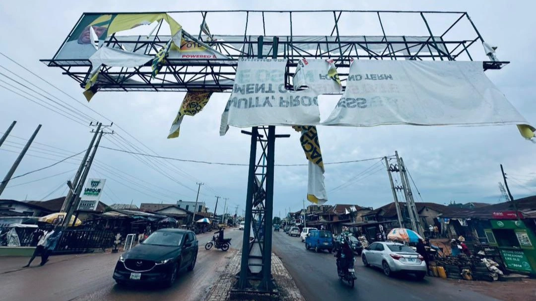 A destroyed billboard endorsing the second term ambition of Governor Ademola Adeleke.