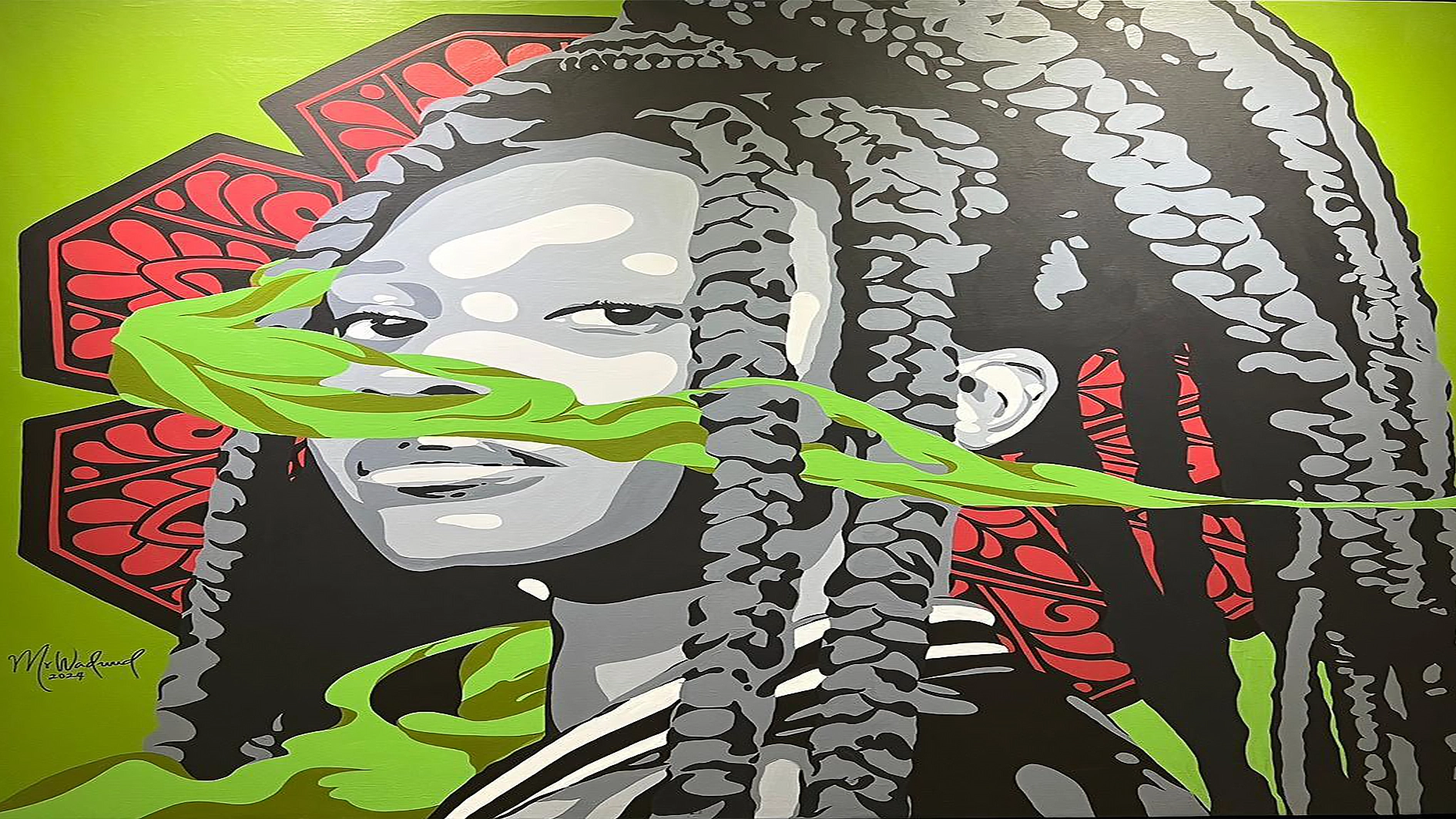 A bold, graphic pop-art style painting featuring a grayscale portrait of a person with long locs