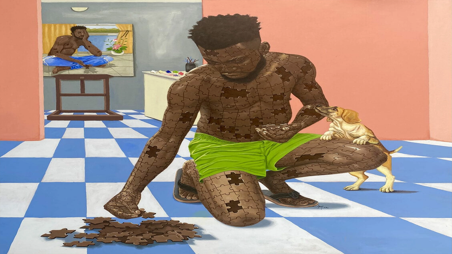 A surrealist interior painting of a man whose skin is cmposed of interlocking brown puzzle