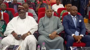 Chairman, Governing Council of Maritime Academy of Nigeria (MAN), Kehinde Akinola (left); Secretary-General, Maritime Organisation of West and Central Africa (MOWCA), Dr Paul Adalikwu and Acting Rector, MAN, Dr Kevin Okonna, at the opening session of the inaugural exchange visits of maritime training institutions from Ghana and Cote D’Iviore in Akwa Ibom State.