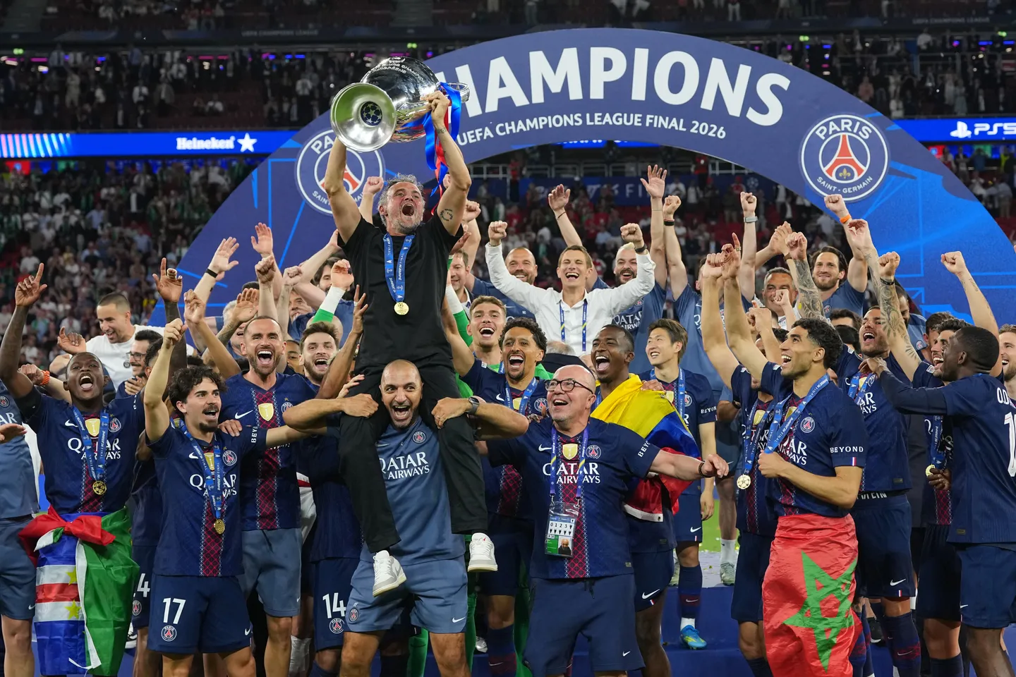 PSG retained the Champions League title, beating Arsenal 4–3 on penalties after a 1–1 draw, with Dembele scoring a key penalty.