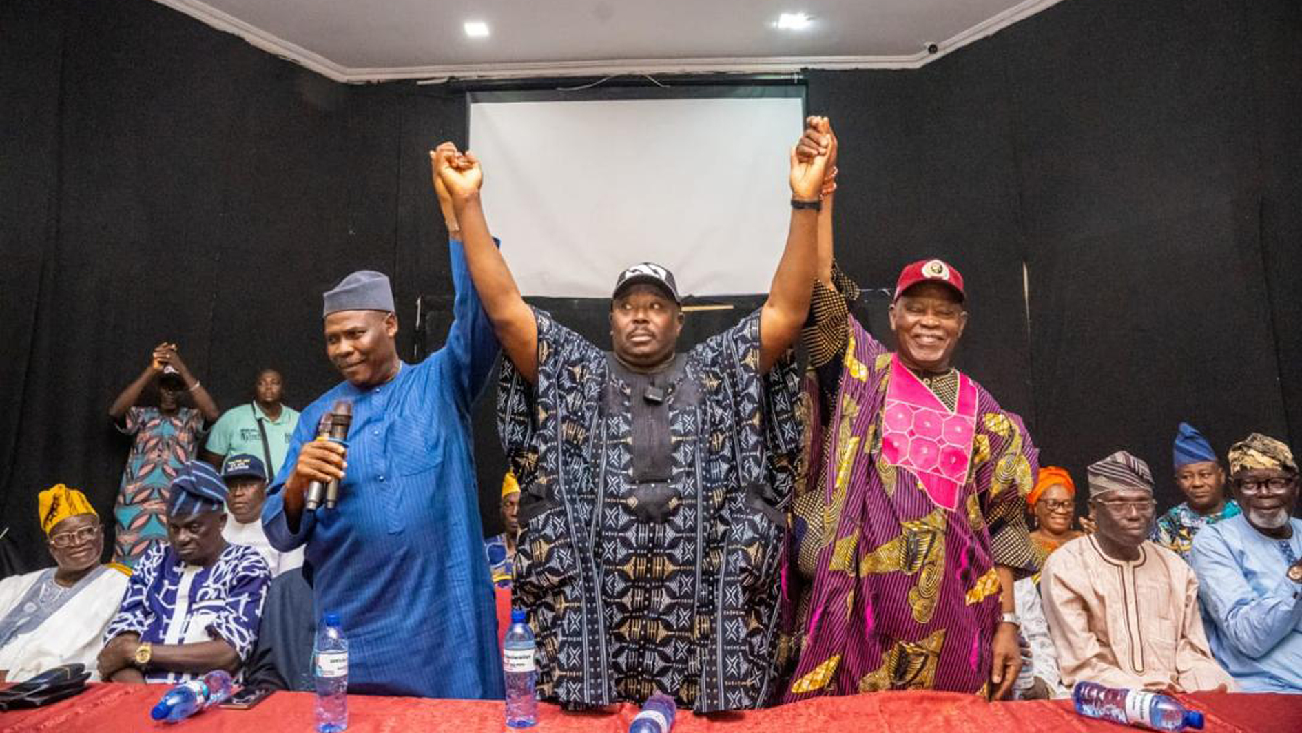 Chieftain of All Progressives Congress (APC) in Oyo State, Alhaji Fatai Ibikunle (left); APC consensus governorship candidate for the state, Senator Sharafadeen Alli; another APC leader, Senator Ayo Adeseun, during the endorsement of Alli as consensus governorship candidate for the party in Ibadan… on Friday.