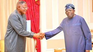 President Bola Tinubu (right) and Cross River State Governor, Bassey Otu, during a visit to the President at his Lagos residence, yesterday.