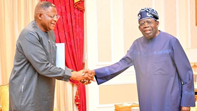 President Bola Tinubu (right) and Cross River State Governor, Bassey Otu, during a visit to the President at his Lagos residence, yesterday.