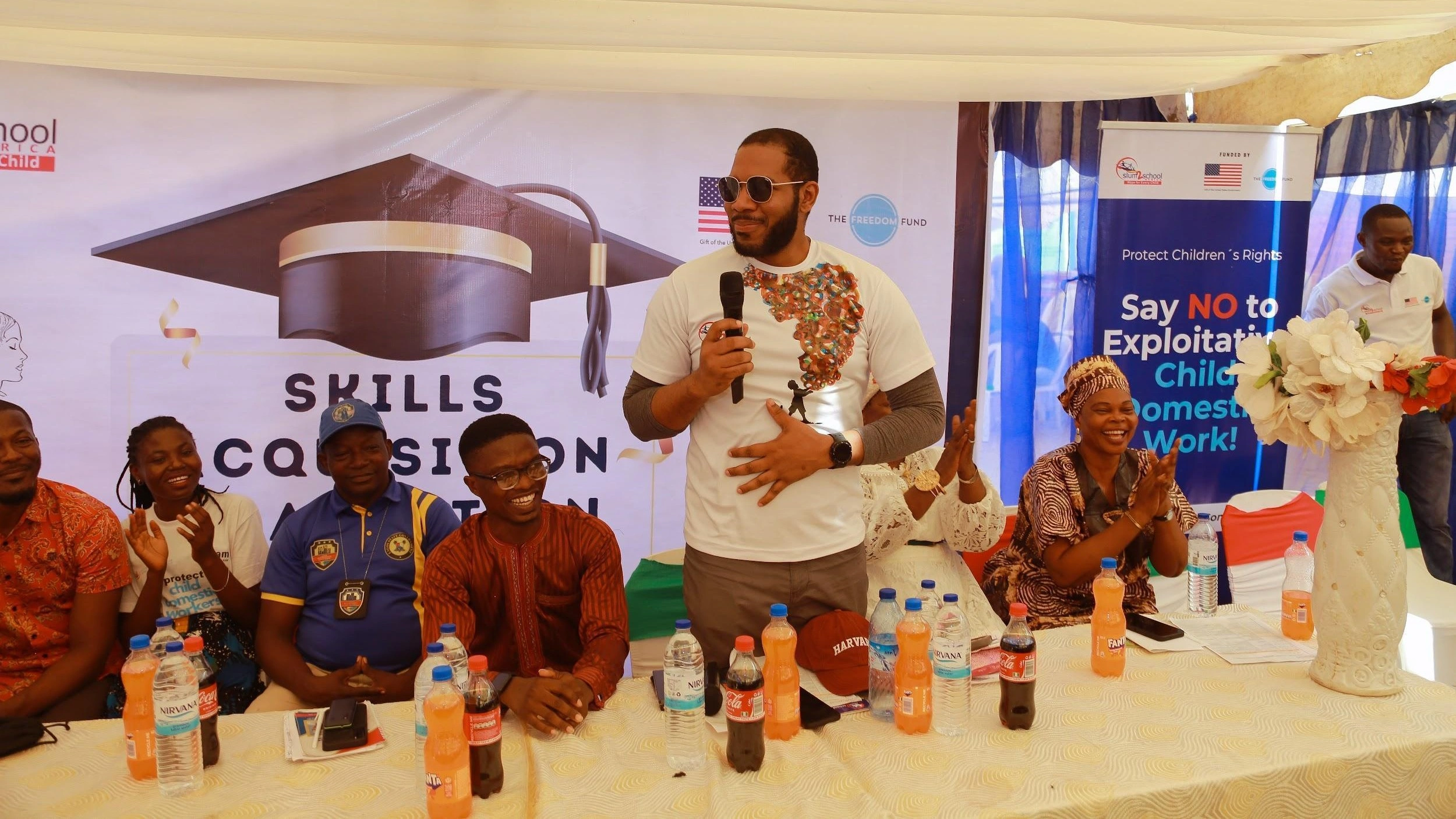 The Executive Director, Orondaam Otto, addressing guardians at the CDW Skills Acquisition Graduation Ceremony in Makoko, Mainland LGA.