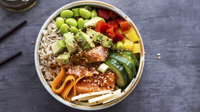 Salmon poke bowl flat lay photography