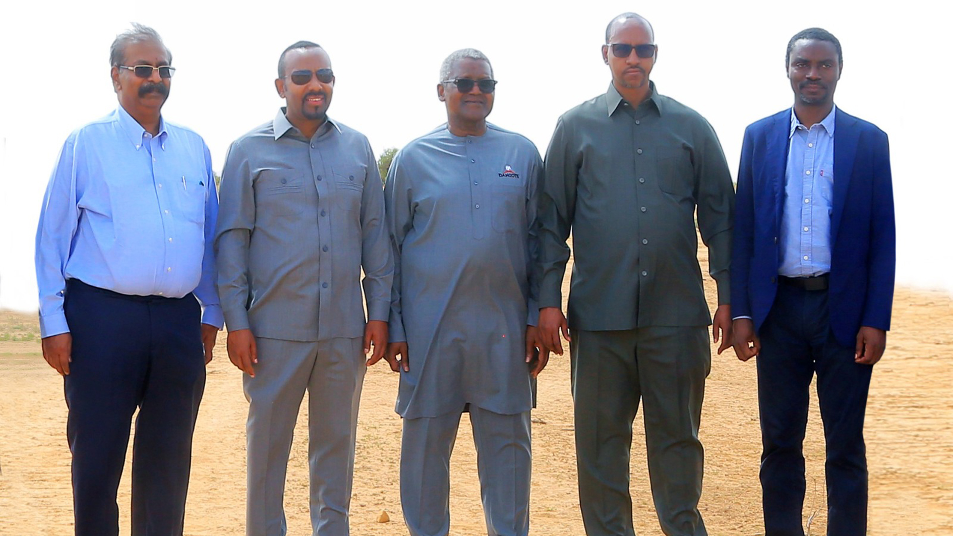 Dangote Oil and Gas Vice President, Mr Edwin Devakumar (left); Prime Minister of Ethiopia, Abiy Ahmed; President of Dangote Group, Aliko Dangote; Deputy Chairman of the Prosperity Party, Adem Farah; and Dangote Group Chief Strategy Officer, Aliyu Suleiman, during an inspection of the fertiliser plant under construction in Gode, Ethiopia, over the weekend.