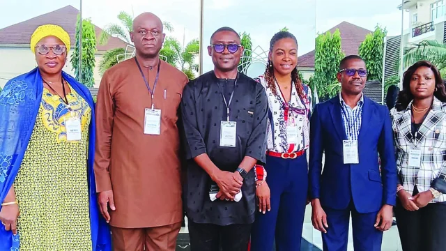 Member, National Malaria Elimination Programme (NMEP-IMPACT) Project, Oluwatoyin Karimu (left);  Representative of the Director-General of National Institute of Pharmaceutical Research and Development (NIPRD), Mboma Iheanyi; Project Manager, NMEP-IMPACT Project; Okefu Oyale Okoko; Lead Consultant,  Desola Arowolo; Technical Adviser to DG NIPRD, Charles Balogun, and Consultant, Tolu Ayinde, at the close-out of the technical support to local Pharma Industries for World Health Organisation (WHO) prequalification in Lagos.