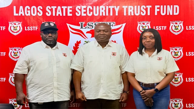 Director, Admin, Lagos State Security Trust Fund, LSSTF, Mr Adegbola Lewis (left); Executive Secretary/CEO, LSSTF, Dr Ayodele Ogunsan and Executive Assistant, LSSTF, Mrs Adaobi Nwankwo during the launching of LSSTF Intelligence Unit yesterday.