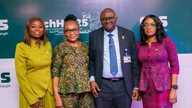 Founder & CEO Techlytics Institute of Technology and Innovation, Oluwatayo Winkunle (left); Pioneer Female Professor of Computer Science in Africa, Professor Adenike O. Osofisan; Vice-Chancellor, University of Ibadan, Professor Kayode Oyebode Adebowale: and Director of Sustainability, IHS Nigeria, Titilope Oguntuga, at the TechHER25 opening ceremony and cohort induction, in Ibadan.