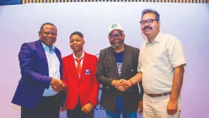 Head, Marketing and Corporate Communications, Ecobank Nigeria, Austen Osokpor (left); Daniel Taiwo, Leader, Platform School Chess Team and winners of the 2025 edition; Prince Adeyinka Adewole, Vice President, Nigeria Chess Federation; and Ambesh Kumar, Head of Marketing, SchoolMate Nigeria, at the press conference announcing the Ecobank National Schools’ Team Chess Championship 2026 in Lagos