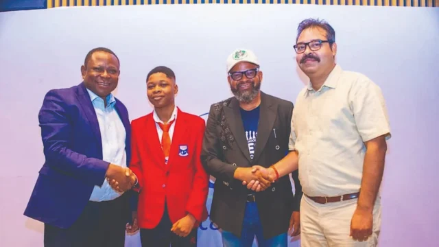 Head, Marketing and Corporate Communications, Ecobank Nigeria, Austen Osokpor (left); Daniel Taiwo, Leader, Platform School Chess Team and winners of the 2025 edition; Prince Adeyinka Adewole, Vice President, Nigeria Chess Federation; and Ambesh Kumar, Head of Marketing, SchoolMate Nigeria, at the press conference announcing the Ecobank National Schools’ Team Chess Championship 2026 in Lagos