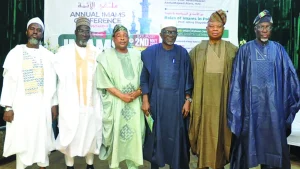 Chief Imam, Lekki Central Mosque, Dr. Jamiu Ridwan (left); Prof. AbdulRazzaq AbdulMajeed Alaro of Department of Islamic Law, University of Ilorin; President, Lagos State Muslim Community, Oyinlomo Danmole; President, LEMU, Dr. AbdulGaniyu Labinjo; Chairman of the Conference, Alhaji AbdulWaidi Yinka Adeola; and Registrar, JAMB, Prof. Ishaq Oloyede, at the LEMU Imams Conference 2026 held in Lagos.