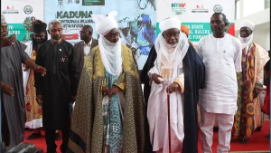 President and Chairman of Council, Nigerian Institute of Public Relations (NIPR) Ike Neliaku (left); Chairman, Kaduna State Traditional Council and Emir of Zazzau, Ahmad Nuhu Bamalli; Emir of Birnin Gwari, Jibril Maigwari II and Vice President of Council, NIPR Prof. Emmanuel Dandaura, at the Kaduna State Traditional Rulers Strategic Forum marking the Nigeria Public Relations Week (NPRW)