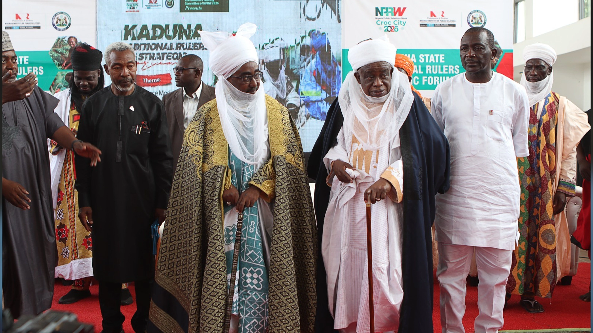 President and Chairman of Council, Nigerian Institute of Public Relations (NIPR) Ike Neliaku (left); Chairman, Kaduna State Traditional Council and Emir of Zazzau, Ahmad Nuhu Bamalli; Emir of Birnin Gwari, Jibril Maigwari II and Vice President of Council, NIPR Prof. Emmanuel Dandaura, at the Kaduna State Traditional Rulers Strategic Forum marking the Nigeria Public Relations Week (NPRW)