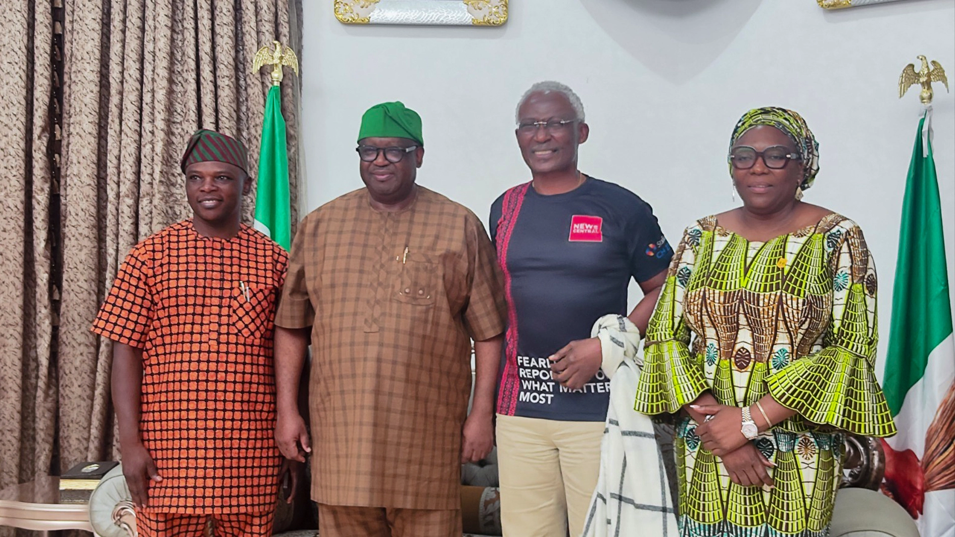 Director of Press and Public Affairs to the Governor of Plateau State, Gyang Bere; Governor of Plateau State, Caleb Mutfwang; Managing Director and Editor-in-Chief, News Central, Kayode Akintemi, and Commissioner for Information, Plateau State, Joyce Ramnap, at a State House visit by News Central