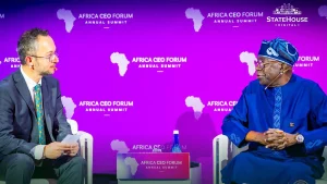 President Bola Ahmed Tinubu and Managing Editor, The Africa Report, Nicholas Norbrook during a presidential media session at the Africa CEO Forum in Kigali, Rwanda… on Friday