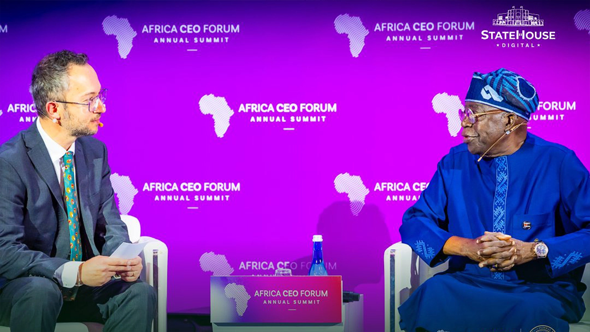 President Bola Ahmed Tinubu and Managing Editor, The Africa Report, Nicholas Norbrook during a presidential media session at the Africa CEO Forum in Kigali, Rwanda… on Friday
