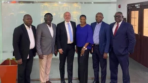 Chief Risk and Compliance Officer, Kazeem Bisiriyu (left); Managing Director/Chief Executive Officer, Taiwo Joda; Board Chairman, Christian Ruehmer; Head, Learning and Development, Omoyeni Melia; Chief Commercial Officer, Stephen Olalere and Group Head, Operations, Ayodeji Mebude, all of Accion Microfinance Bank, during a press conference announcing the company’s 20th Anniversary, in Lagos.
