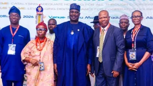 Representative of the Minister of Housing and Urban Development,  Pemi Temitope (left); President Agro Allied Cooperatives of Nigeria, Prof. Victoria Adeyeye; Honourable Minister of State for Agriculture and Food Security, Dr Aliyu Abdullahi,  Chairman, CHOSA Africa Group, Dr Yemi Adelakun and Co-Founder, Alitheia Capital, Olajumoke Akinwunmi during the Cooperative Housing Summit Africa (CHOSA Africa), held in Abuja.