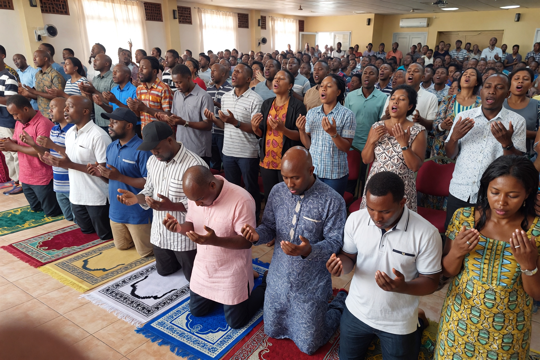 A large congregation of men and women in a modern hall showing how people in Nigeria worship and praise God through prayer and supplication on traditional rugs.
