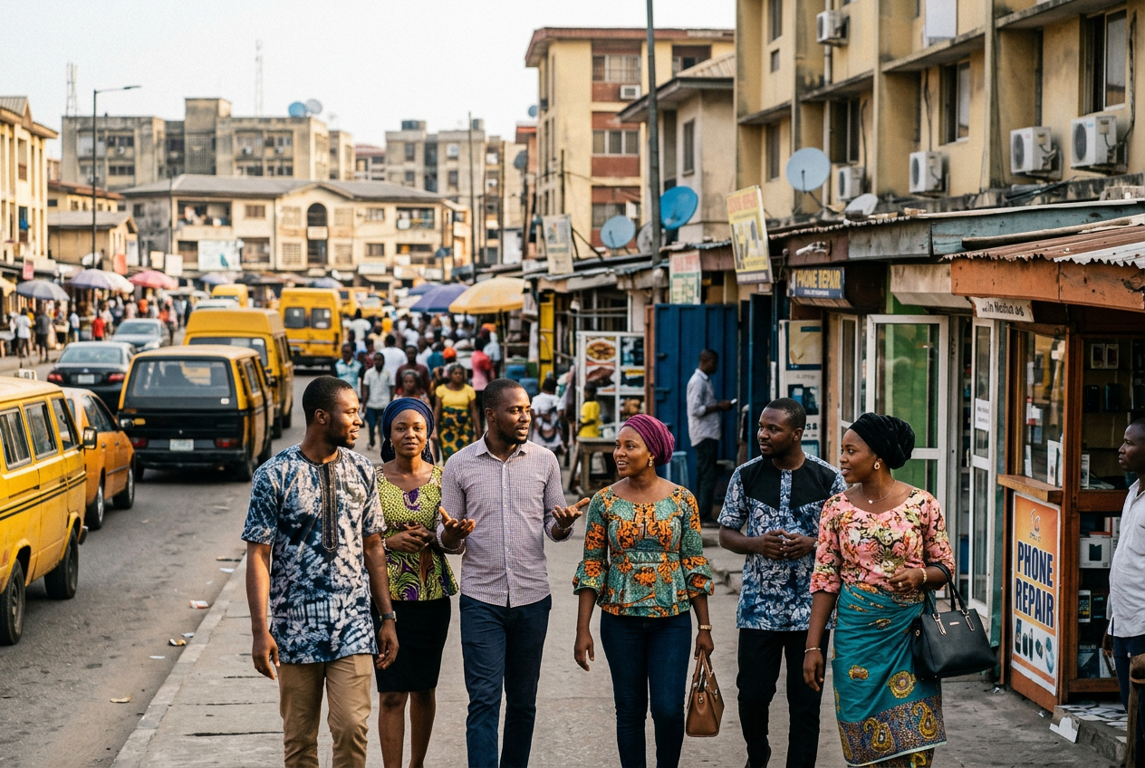 Young professionals walking through a busy Lagos street while discussing income, wealth, and the cost of living in Nigeria