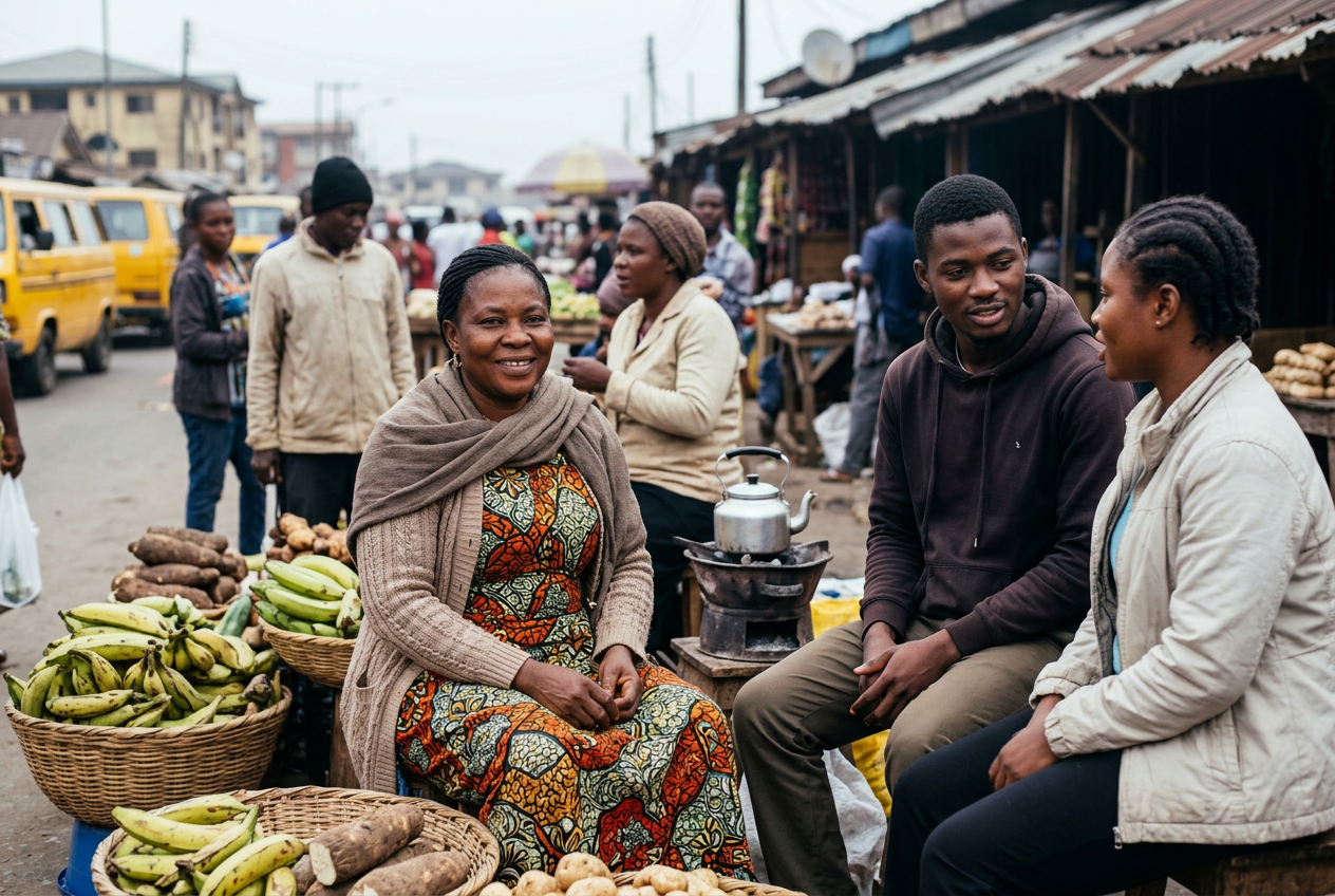 People wearing light sweaters during 26 degree weather in Nigeria at a local roadside market