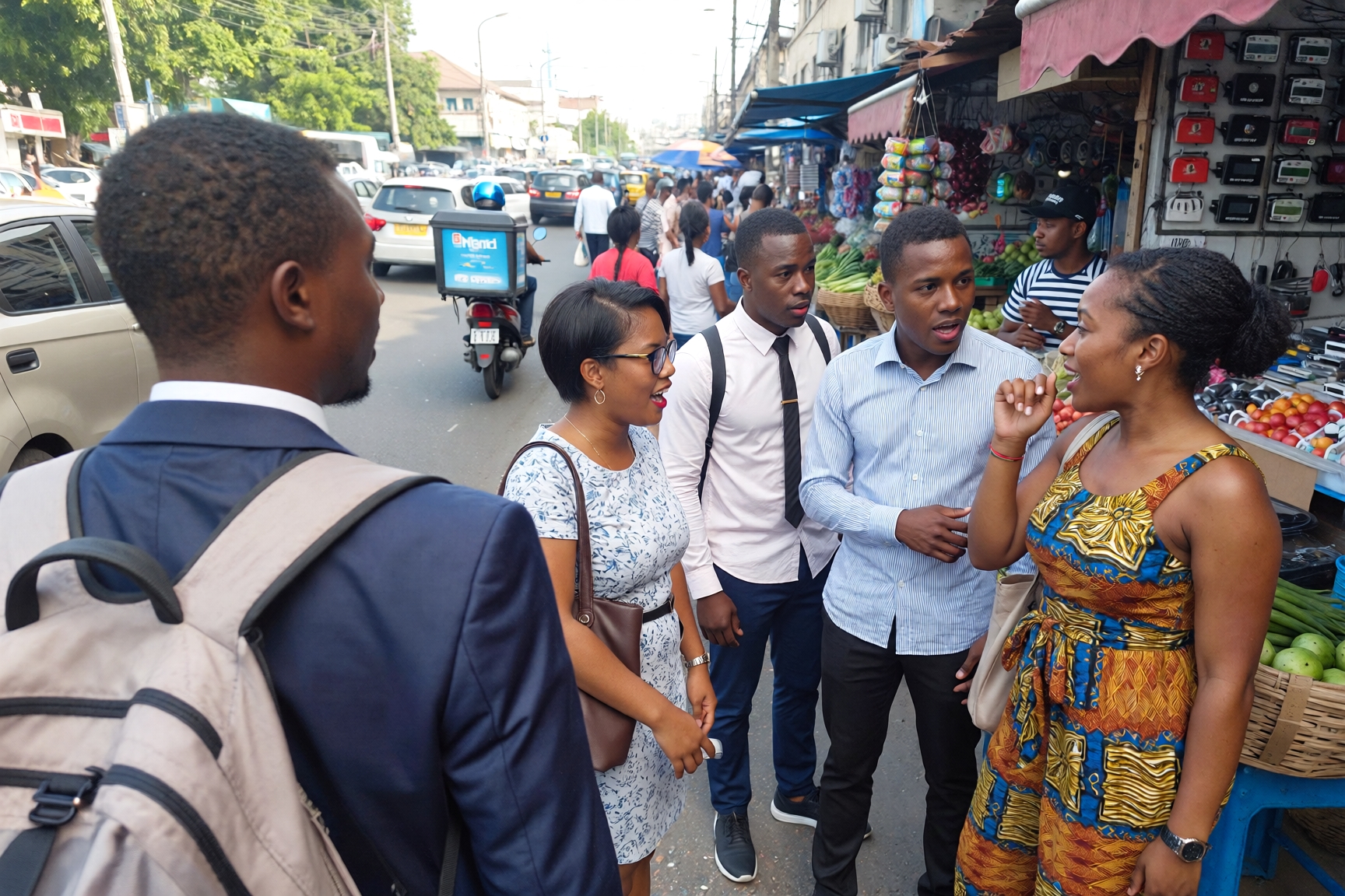 Young West African professionals in a city market discussing nationality identity and the difference between being Nigerien and Nigerian