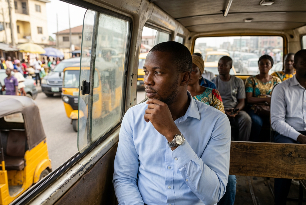 Nigerian commuter reflecting on livable wage, transportation costs, and average income in Nigeria
