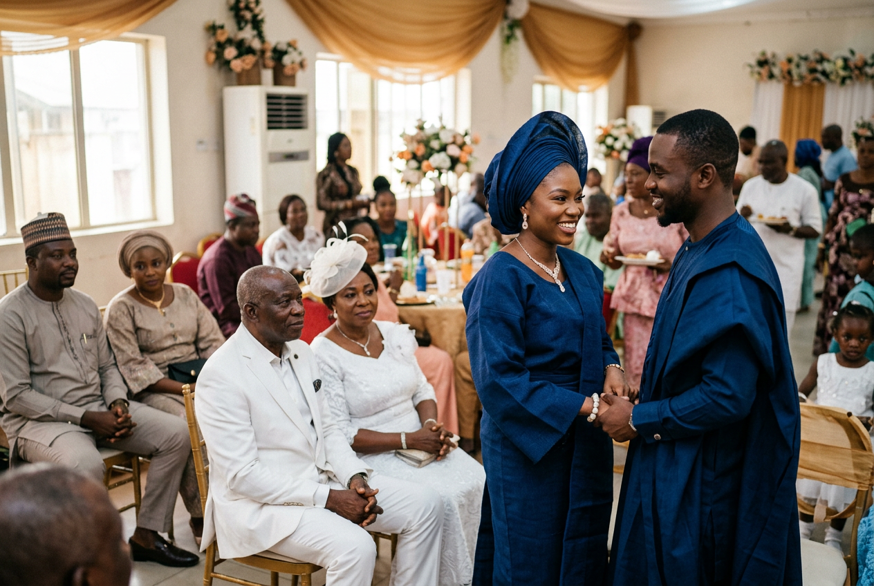 Traditional Nigerian marriage ceremony showing one of the main types of marriage in Nigeria with family members and cultural wedding attire