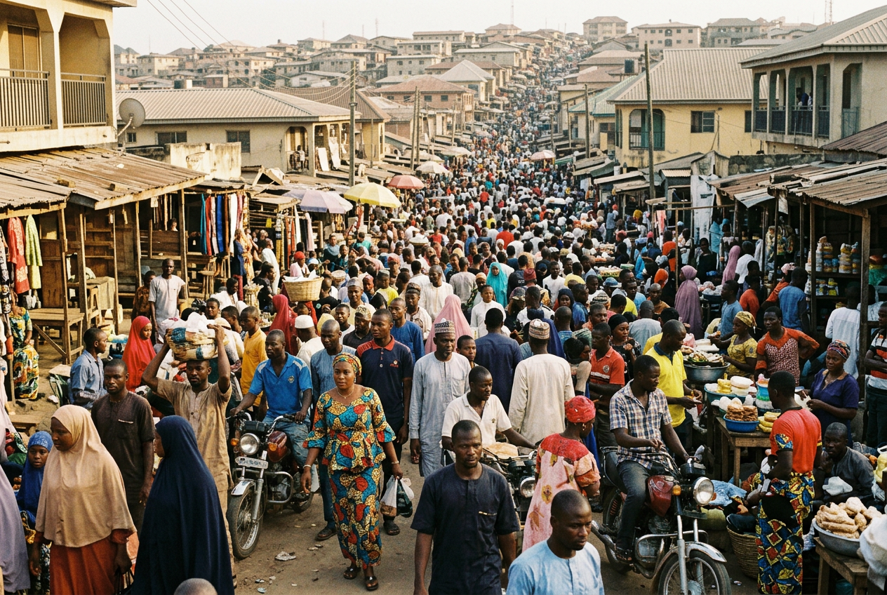 Dense urban market in one of the most populated parts of Nigeria featuring major Nigerian tribes, local commerce, and everyday city life