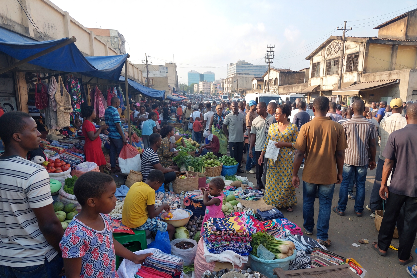 Busy Lagos street market in Nigeria showing diverse local population, urban commerce, and economic activity related to Nigeria population demographics and business opportunities.