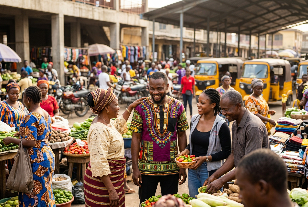Nigerian people shopping and socializing in a busy market showing hospitality, community spirit, and traditional cultural characteristics in Nigeria