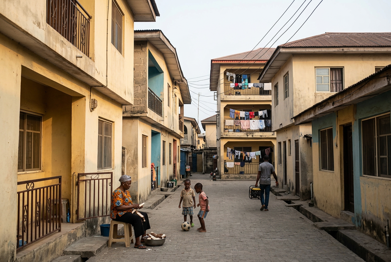Standard residential houses in Nigeria with families living in a typical urban neighborhood