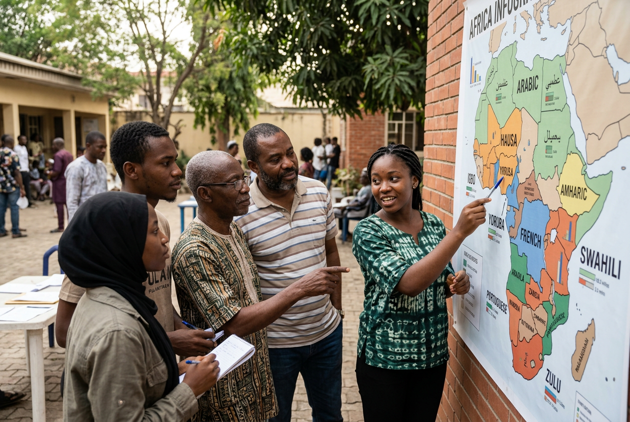 A woman pointing to a large infographic wall map highlighting the geographical distribution of the top 3 African languages and the five main languages in Africa.
