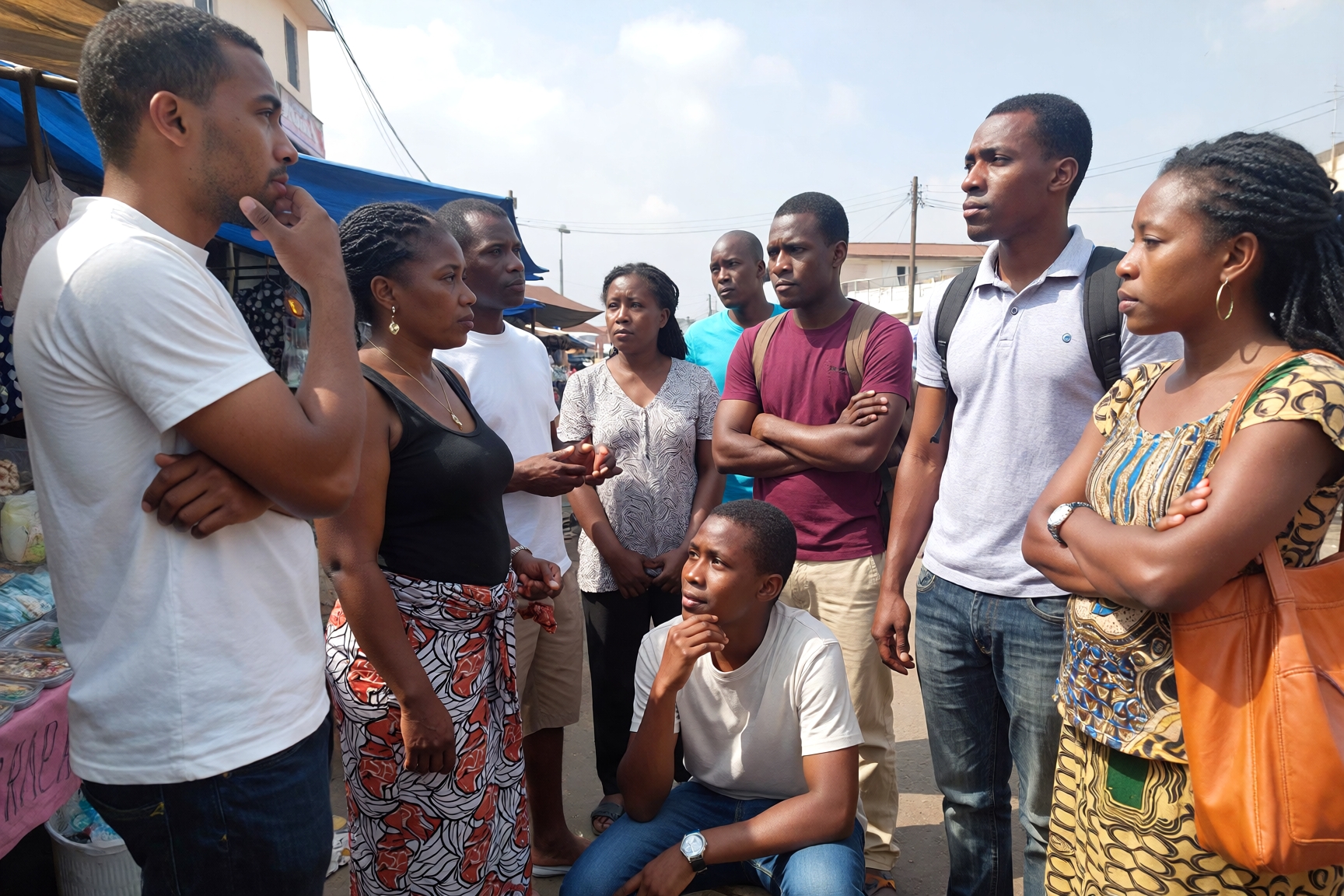 Group of Nigerians having a serious community discussion in a local market area, representing Nigerian beliefs, social values, religion, and cultural identity.