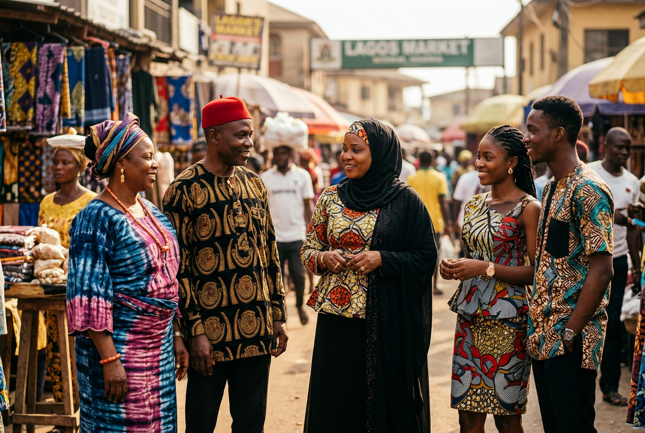 Nigerian men and women wearing traditional Nigerian clothing in Lagos market showcasing popular Nigerian fashion styles and cultural dresses