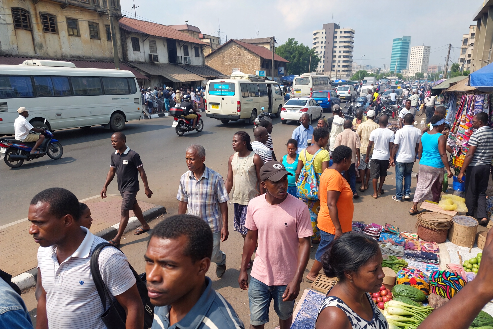 Busy Nigerian city street filled with vendors and pedestrians illustrating Nigeria’s diverse ethnic groups, fast-selling products, and nonstop urban life in Lagos