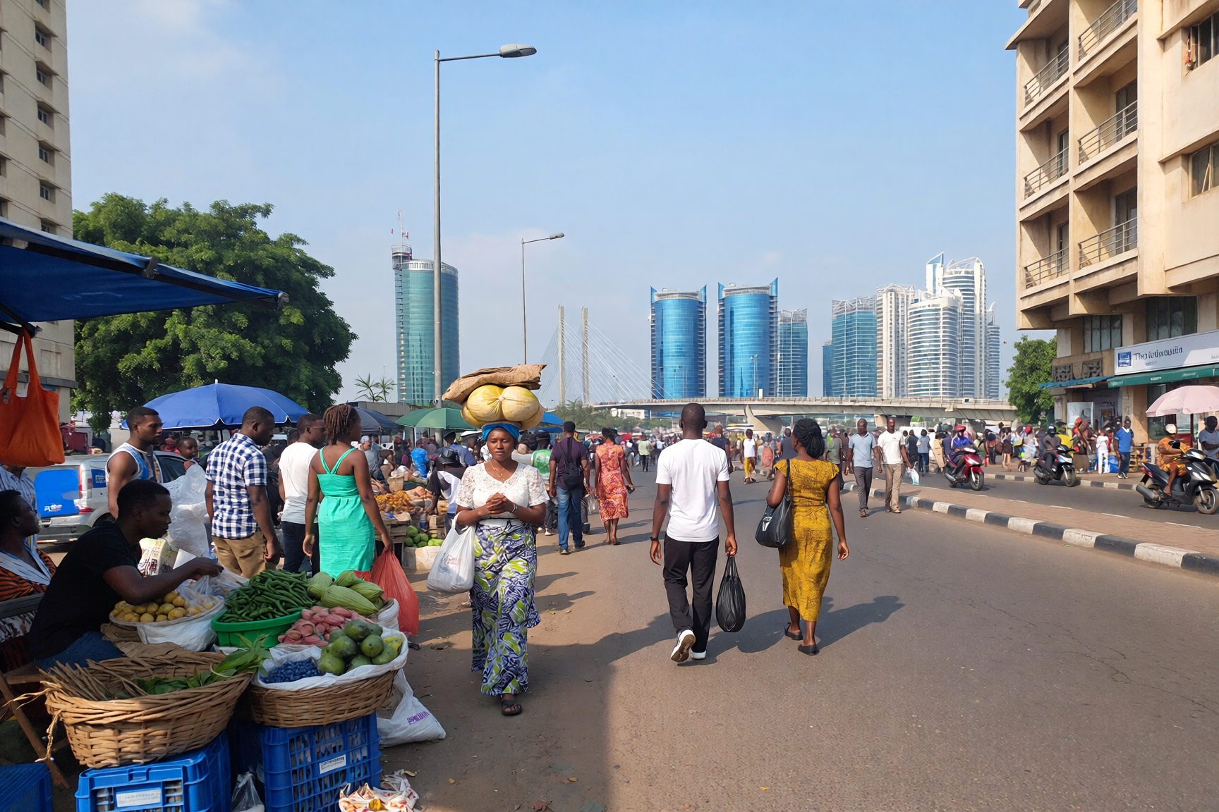 Busy Lagos street market with modern skyline in the background illustrating the comparison between Nigeria and large American states like Texas and California