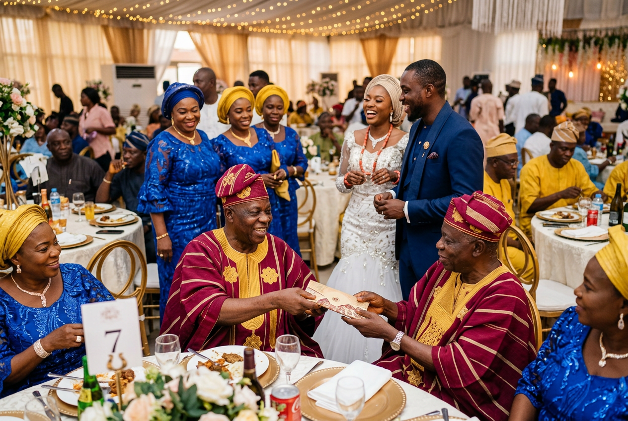 Nigerian bride, groom, and family members celebrating at a wedding reception while honoring Yoruba wedding traditions and family financial contributions