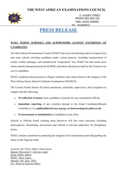 WAEC cracks down on extortion of WASSCE candidates by schools, supervisors