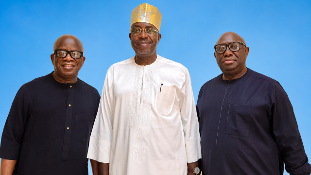 Veteran filmmaker and Nollywood icon, Zik Zulu-Okafor (left),  President/CEO  of HS Studios in Ikeja, Lagos, Taye Ige and renowned Public Relations strategist and  NIPR Fellow, Ademola Adedoyin  at the visit