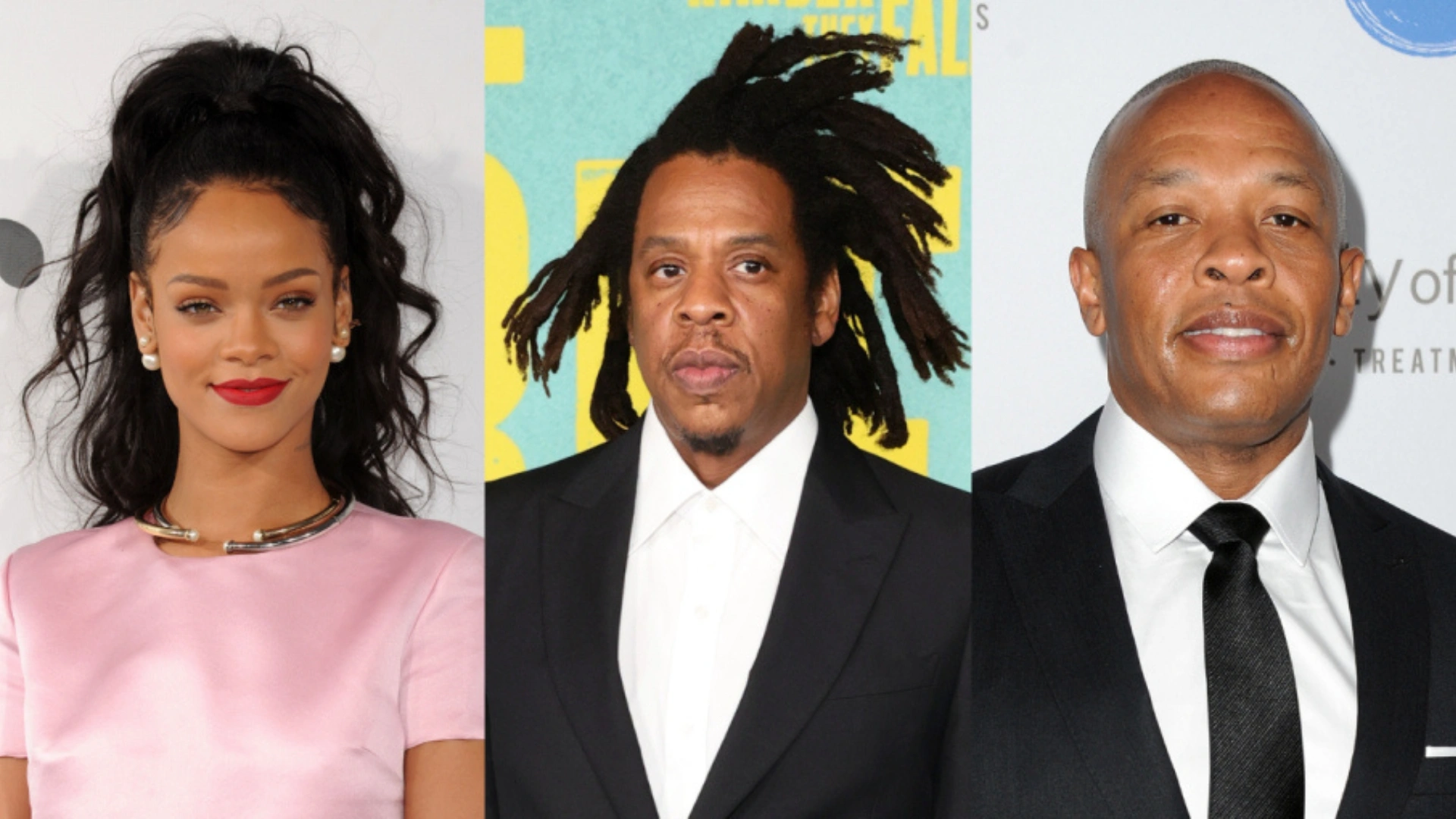 Composite image of Rihanna, Jay-Z, and Dr Dre.