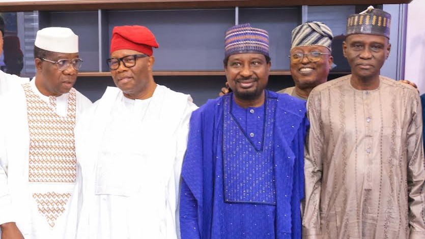 Senate Leader, Opeyemi Bamidele (left); Senate President, Godswill Akpabio; Senate Deputy President, Barau Jibrin; Senate Deputy Leader, Oyelola Ashiru and Chief Whip of the Senate, Tahir Monguno after presenting presidential communication of the State Police Bill at the Senate Chamber, National Assembly Complex, Abuja, yesterday.